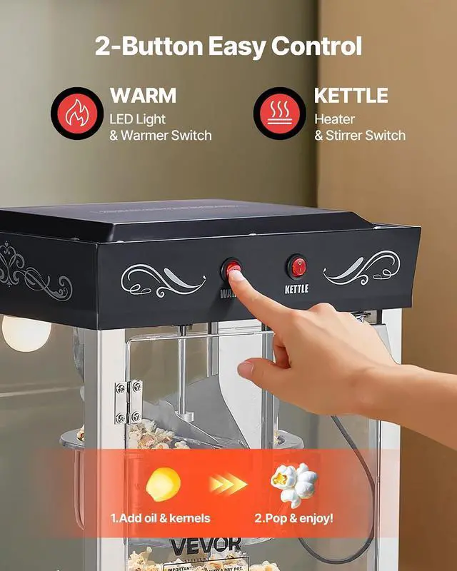 Alt view image 5 of 7 - Popcorn Machine, 8oz Stainless Steel Kettle, 800W Commercial Countertop Popcorn Maker, 48 Cups per Batch Theater Style Popper, with 2-Button Control Glass Wall PC Door 1 Scoop 3 Spoons, Black