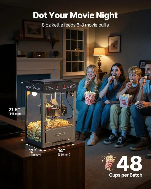 Alt view image 2 of 7 - Popcorn Machine, 8oz Stainless Steel Kettle, 800W Commercial Countertop Popcorn Maker, 48 Cups per Batch Theater Style Popper, with 2-Button Control Glass Wall PC Door 1 Scoop 3 Spoons, Black