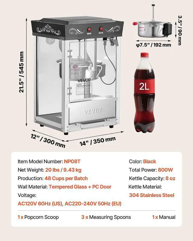 Alt view image 7 of 7 - Popcorn Machine, 8oz Stainless Steel Kettle, 800W Commercial Countertop Popcorn Maker, 48 Cups per Batch Theater Style Popper, with 2-Button Control Glass Wall PC Door 1 Scoop 3 Spoons, Black