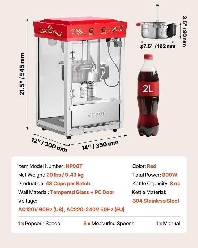 Alt view image 7 of 7 - Popcorn Machine, 8oz Stainless Steel Kettle, 800W Commercial Countertop Popcorn Maker, 48 Cups per Batch Theater Style Popper, with 2-Button Control Glass Wall PC Door 1 Scoop 3 Spoons, Red