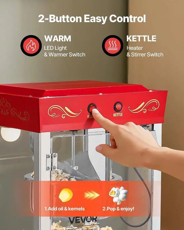 Alt view image 5 of 7 - Popcorn Machine, 8oz Stainless Steel Kettle, 800W Commercial Countertop Popcorn Maker, 48 Cups per Batch Theater Style Popper, with 2-Button Control Glass Wall PC Door 1 Scoop 3 Spoons, Red