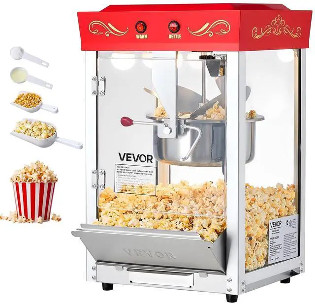 Main image of Popcorn Machine, 8oz Stainless Steel Kettle, 800W Commercial Countertop Popcorn Maker, 48 Cups per Batch Theater Style Popper, with 2-Button Control Glass Wall PC Door 1 Scoop 3 Spoons, Red
