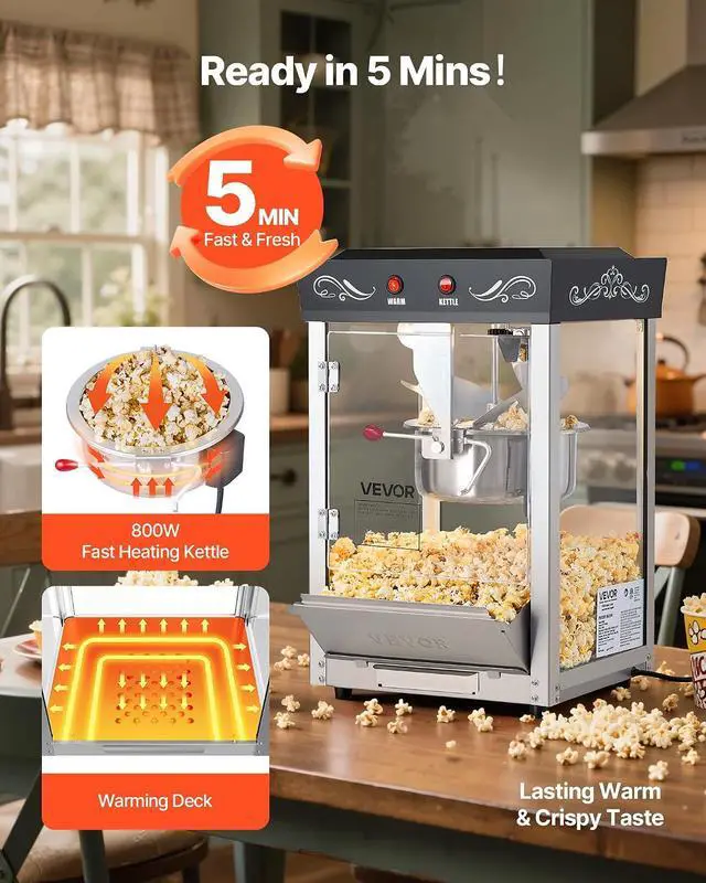 Alt view image 4 of 7 - Popcorn Machine, 8oz Stainless Steel Kettle, 800W Commercial Countertop Popcorn Maker, 48 Cups per Batch Theater Style Popper, with 2-Button Control Glass Wall PC Door 1 Scoop 3 Spoons, Black