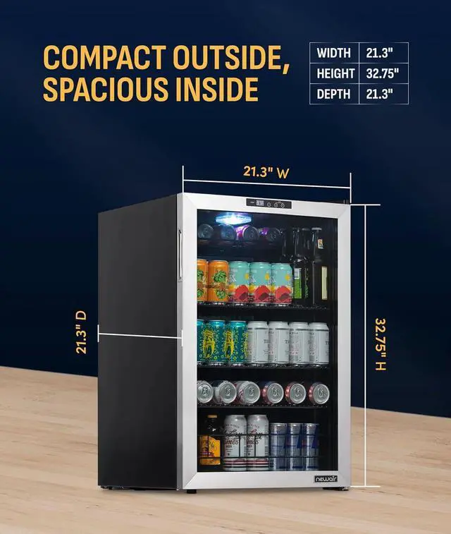 Alt view image 4 of 7 - NewAir 160 Can Beverage Refrigerator | Freestanding Small Mini Fridge for Bedroom, Home Bar or Living Room | SplitShelf Storage, Digital Thermostat & LED Light | Stainless Steel