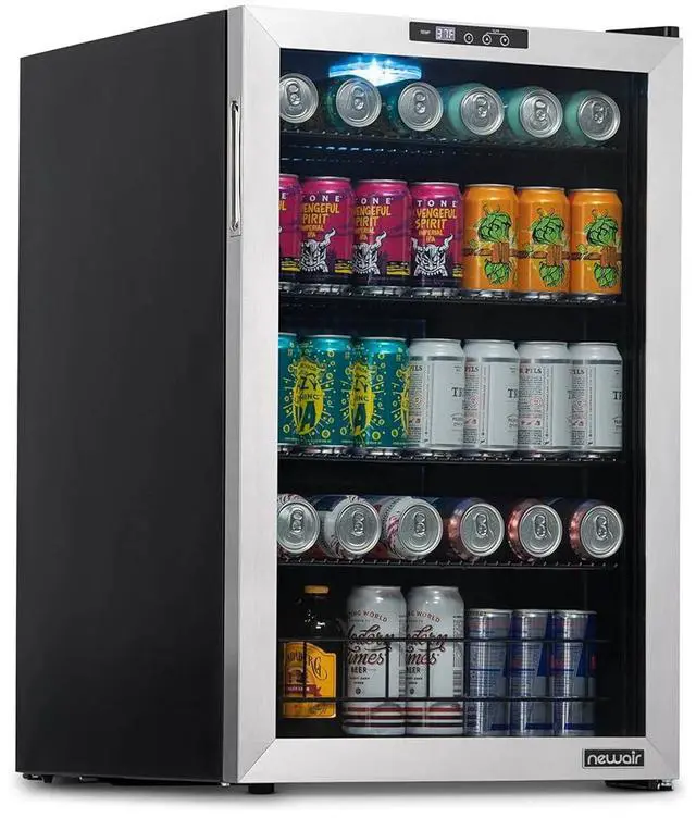 Main image of NewAir 160 Can Beverage Refrigerator | Freestanding Small Mini Fridge for Bedroom, Home Bar or Living Room | SplitShelf Storage, Digital Thermostat & LED Light | Stainless Steel