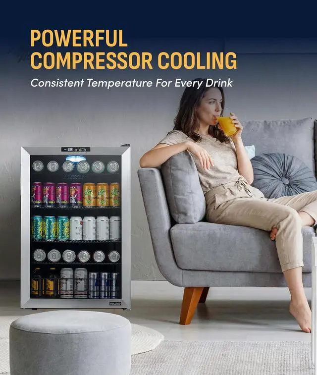 Alt view image 6 of 7 - NewAir 160 Can Beverage Refrigerator | Freestanding Small Mini Fridge for Bedroom, Home Bar or Living Room | SplitShelf Storage, Digital Thermostat & LED Light | Stainless Steel