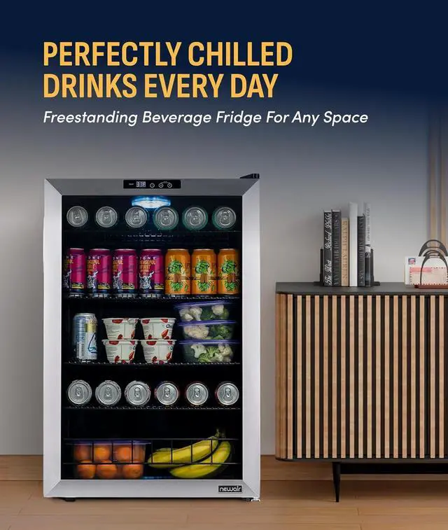 Alt view image 2 of 7 - NewAir 160 Can Beverage Refrigerator | Freestanding Small Mini Fridge for Bedroom, Home Bar or Living Room | SplitShelf Storage, Digital Thermostat & LED Light | Stainless Steel