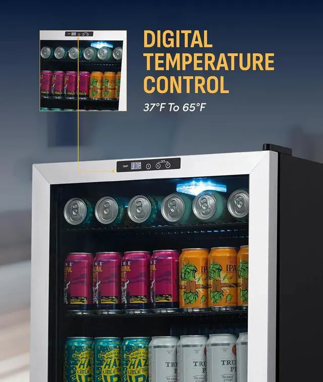 Alt view image 5 of 7 - NewAir 160 Can Beverage Refrigerator | Freestanding Small Mini Fridge for Bedroom, Home Bar or Living Room | SplitShelf Storage, Digital Thermostat & LED Light | Stainless Steel