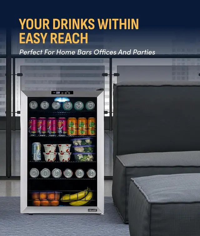 Alt view image 3 of 7 - NewAir 160 Can Beverage Refrigerator | Freestanding Small Mini Fridge for Bedroom, Home Bar or Living Room | SplitShelf Storage, Digital Thermostat & LED Light | Stainless Steel