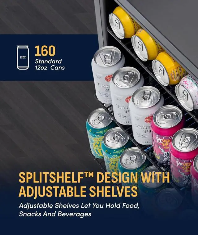 Alt view image 7 of 7 - NewAir 160 Can Beverage Refrigerator | Freestanding Small Mini Fridge for Bedroom, Home Bar or Living Room | SplitShelf Storage, Digital Thermostat & LED Light | Stainless Steel