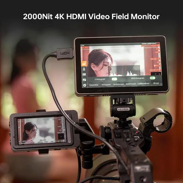 Alt view image 2 of 6 - 6" Camera Field Monitor, 2000nit HD 1920x1080 Touch Screen Portable Video Monitor, 4K HDMI Loop in/Out with 3D LUT, De-Squeeze, Peak Focus, with Sunshade Hood