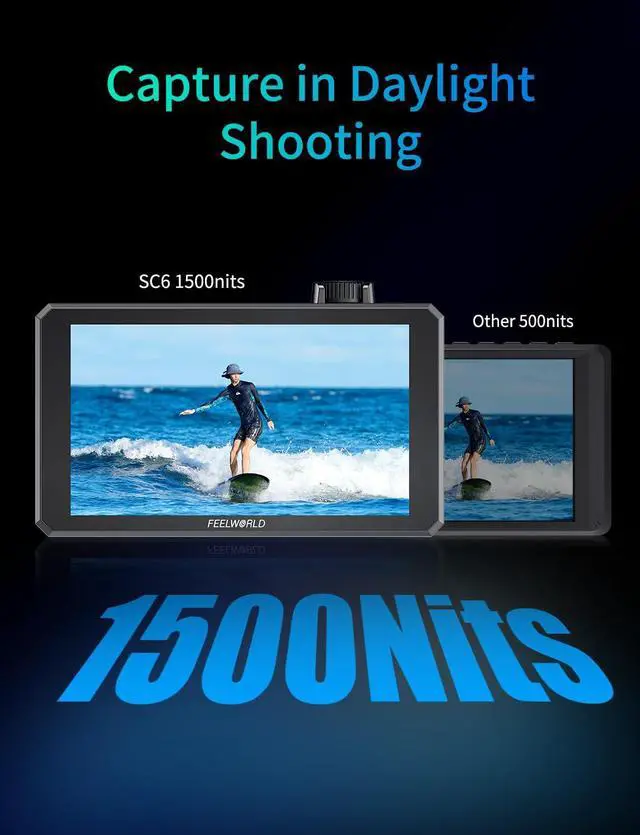 Alt view image 2 of 7 - FEELWORLD SC6 6 inch 1500nit 3G SDI Aluminum On Camera Field DSLR Monitor, Touchscreen Support HDMI 4K60 Custom 3D LUT, Waveform for Outdoor Professional Video Photography with F750 Battery and Bag