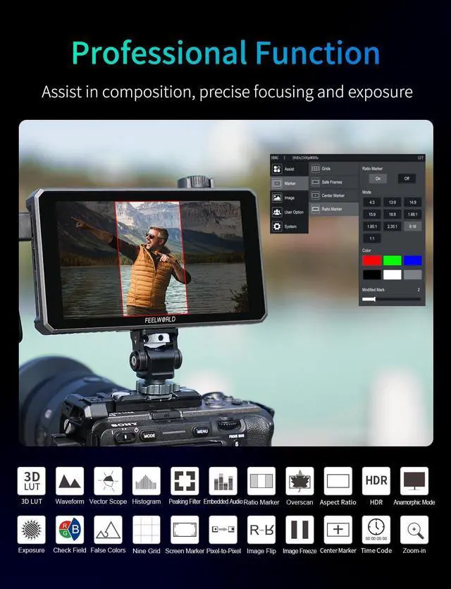 Alt view image 5 of 7 - FEELWORLD SC6 6 inch 1500nit 3G SDI Aluminum On Camera Field DSLR Monitor, Touchscreen Support HDMI 4K60 Custom 3D LUT, Waveform for Outdoor Professional Video Photography with F750 Battery and Bag
