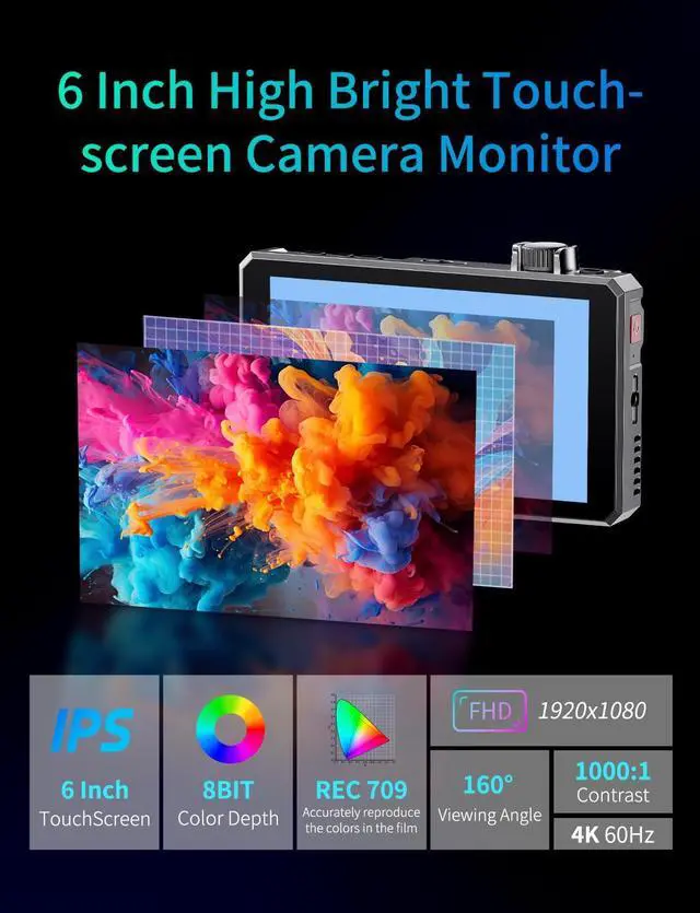Alt view image 3 of 7 - FEELWORLD SC6 6 inch 1500nit 3G SDI Aluminum On Camera Field DSLR Monitor, Touchscreen Support HDMI 4K60 Custom 3D LUT, Waveform for Outdoor Professional Video Photography with F750 Battery and Bag