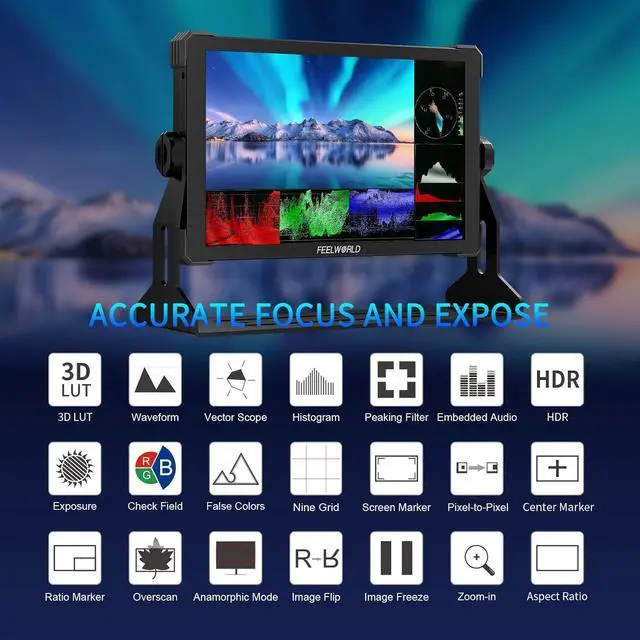 Alt view image 3 of 7 - FEELWORLD T10 10.1 Inch FHD 500nit Aluminium Camera Field DSLR Monitor Touchscreen Waveform HDR 3D LUT Out F970 Install and Power Kit