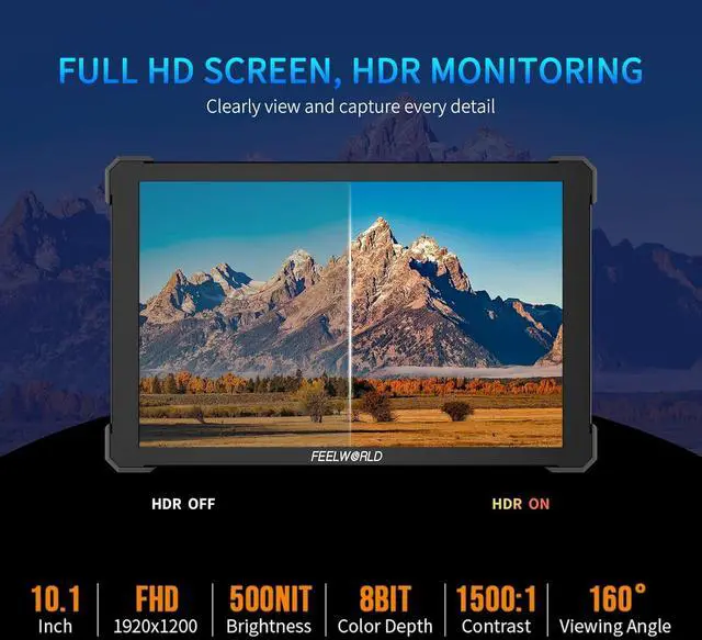 Alt view image 2 of 7 - FEELWORLD T10 10.1 Inch FHD 500nit Aluminium Camera Field DSLR Monitor Touchscreen Waveform HDR 3D LUT Out F970 Install and Power Kit