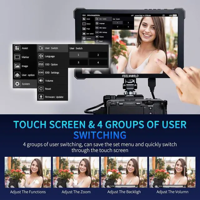 Alt view image 5 of 7 - FEELWORLD T10 10.1 Inch FHD 500nit Aluminium Camera Field DSLR Monitor Touchscreen Waveform HDR 3D LUT Out F970 Install and Power Kit