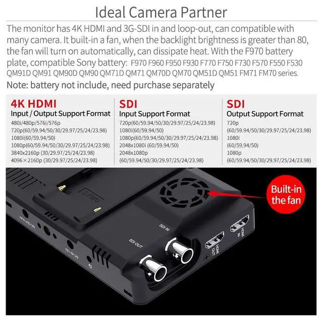 Alt view image 6 of 7 - FEELWORLD LUT6S 6 Inch SDI 2600nits HDR 3D LUT Touch Screen DSLR Camera Field Monitor with Waveform VectorScope Histogram 3G SDI 4K HDMI Input Output 1920X1080 IPS Panel