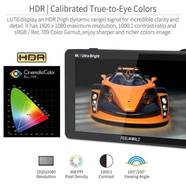 Alt view image 4 of 7 - FEELWORLD LUT6S 6 Inch SDI 2600nits HDR 3D LUT Touch Screen DSLR Camera Field Monitor with Waveform VectorScope Histogram 3G SDI 4K HDMI Input Output 1920X1080 IPS Panel