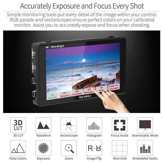 Alt view image 5 of 7 - FEELWORLD LUT6S 6 Inch SDI 2600nits HDR 3D LUT Touch Screen DSLR Camera Field Monitor with Waveform VectorScope Histogram 3G SDI 4K HDMI Input Output 1920X1080 IPS Panel