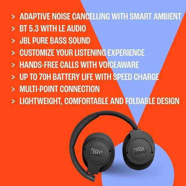Alt view image 7 of 7 - JBL Tune 770NC - Adaptive Noise Cancelling with Smart Ambient Wireless Over-Ear Headphones, Bluetooth 5.3, Up to 70H Battery Life with Speed Charge, Lightweight, Comfortable & Foldable Design (Black)