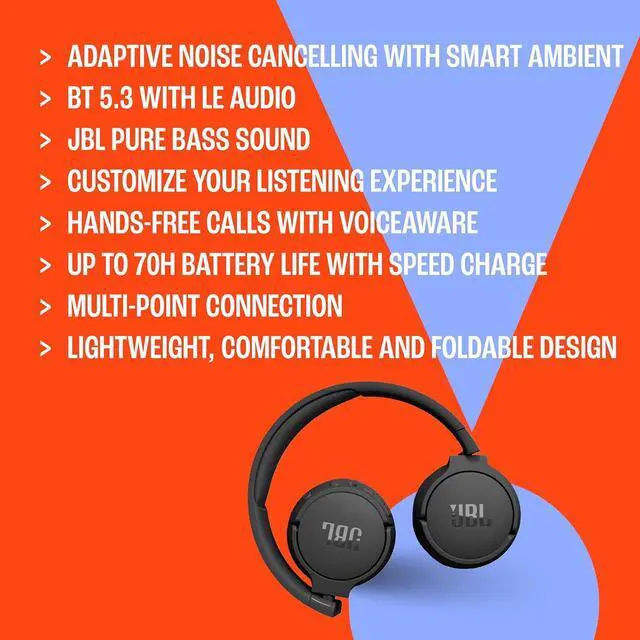Alt view image 5 of 7 - JBL Tune 670NC - Adaptive Noise Cancelling with Smart Ambient Wireless On-Ear Headphones, Up to 70H Battery Life with Speed Charge, Lightweight, Comfortable and Foldable Design (Black)