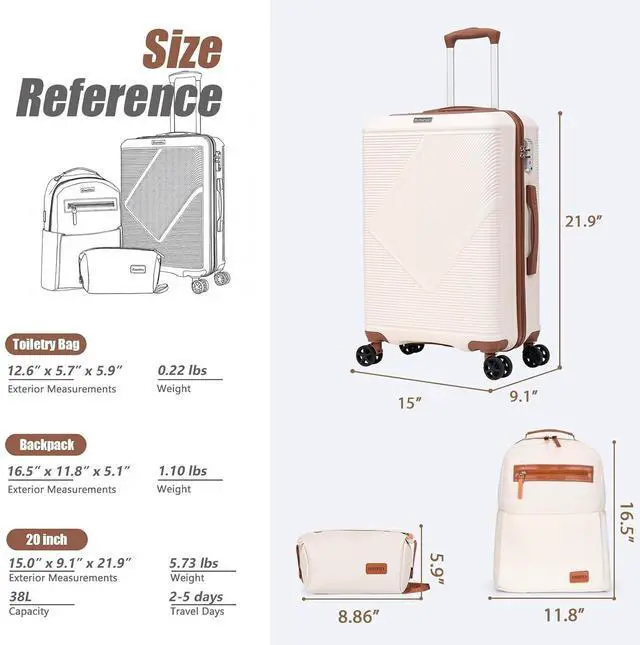Alt view image 6 of 6 - CONCEPTEN Luggage Sets 3 Piece, 20 Inch Carry On Suitcases With Spinner Wheels, Lightweight Travel Luggage With TSA Lock, ABS Hardshell Suitcase (Blue)