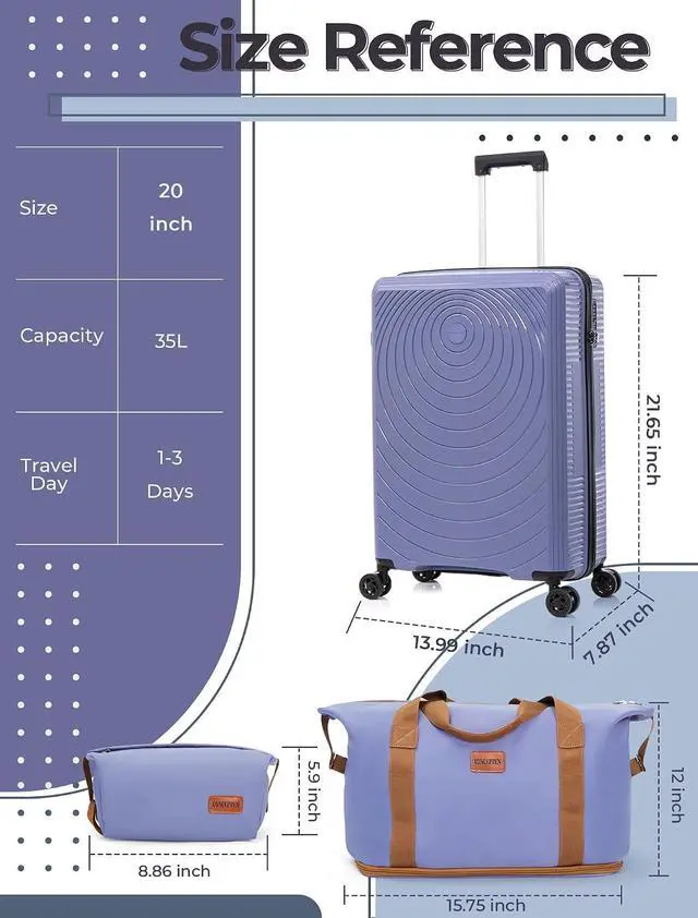 Alt view image 6 of 6 - CONCEPTEN Luggage Sets,Suitcases with Wheels, Hardshell Suitcase Set, PP Carry on Luggage Set with TSA Lock, Travel Luggage (Light Purple, Bag Type)