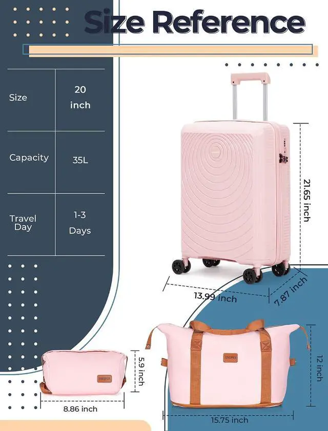 Alt view image 6 of 6 - CONCEPTEN Luggage Sets,Suitcases with Wheels, Hardshell Suitcase Set, PP Carry on Luggage Set with TSA Lock, Travel Luggage (Pink, Bag Type)