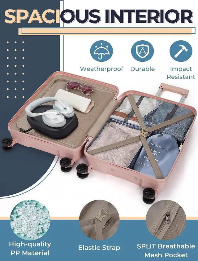 Alt view image 5 of 6 - CONCEPTEN Luggage Sets,Suitcases with Wheels, Hardshell Suitcase Set, PP Carry on Luggage Set with TSA Lock, Travel Luggage (Pink, Bag Type)