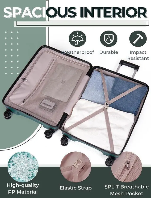 Alt view image 5 of 6 - CONCEPTEN Luggage Sets,Suitcases with Wheels, Hardshell Suitcase Set, PP Carry on Luggage Set with TSA Lock, Travel Luggage (Dark Green, Bag Type)