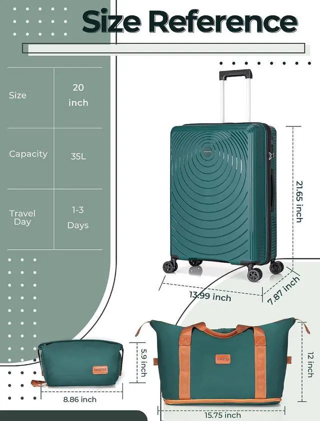 Alt view image 6 of 6 - CONCEPTEN Luggage Sets,Suitcases with Wheels, Hardshell Suitcase Set, PP Carry on Luggage Set with TSA Lock, Travel Luggage (Dark Green, Bag Type)
