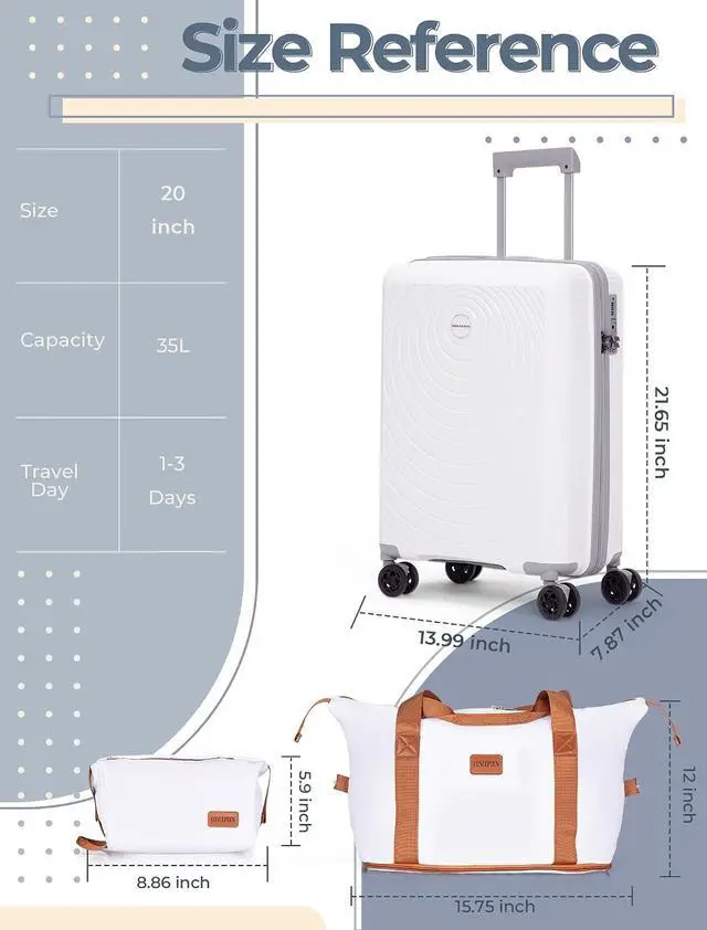 Alt view image 6 of 6 - CONCEPTEN Luggage Sets,Suitcases with Wheels, Hardshell Suitcase Set, PP Carry on Luggage Set with TSA Lock, Travel Luggage (White, Bag Type)