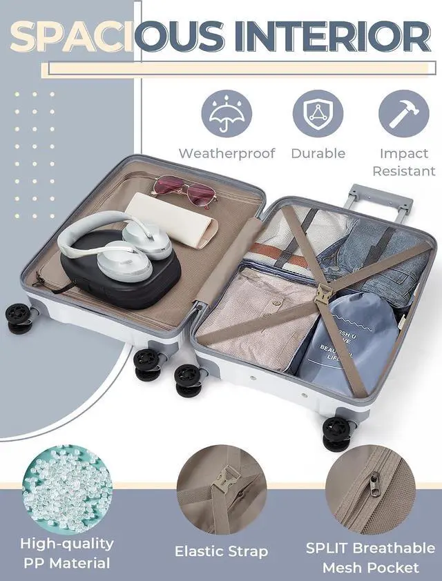 Alt view image 5 of 6 - CONCEPTEN Luggage Sets,Suitcases with Wheels, Hardshell Suitcase Set, PP Carry on Luggage Set with TSA Lock, Travel Luggage (White, Bag Type)