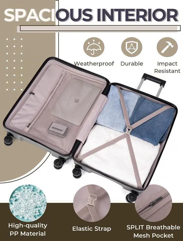 Alt view image 5 of 7 - CONCEPTEN Luggage Sets,Suitcases with Wheels, Hardshell Suitcase Set, PP Carry on Luggage Set with TSA Lock, Travel Luggage (Grey, Bag Type)