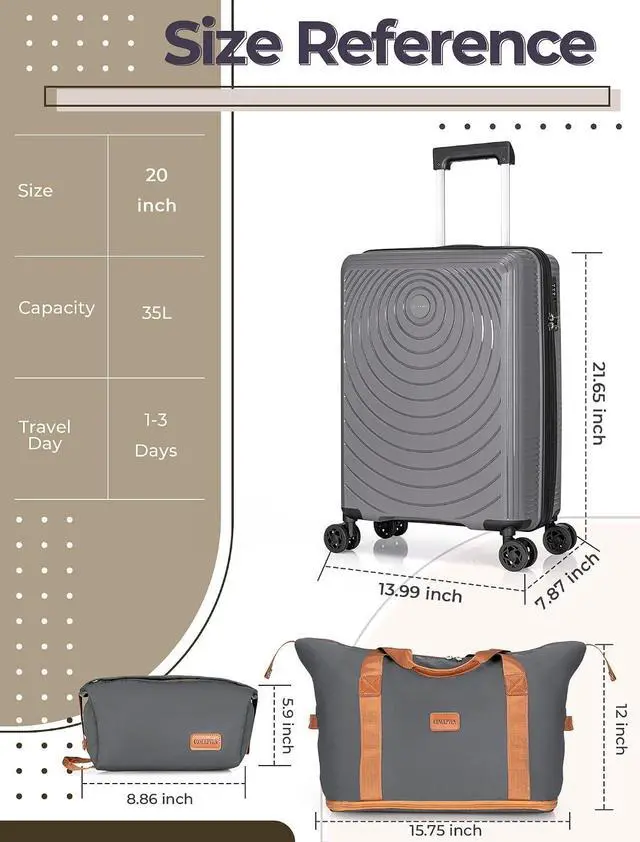 Alt view image 6 of 7 - CONCEPTEN Luggage Sets,Suitcases with Wheels, Hardshell Suitcase Set, PP Carry on Luggage Set with TSA Lock, Travel Luggage (Grey, Bag Type)