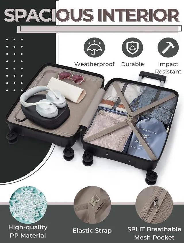 Alt view image 5 of 6 - CONCEPTEN Luggage Sets,Suitcases with Wheels, Hardshell Suitcase Set, PP Carry on Luggage Set with TSA Lock, Travel Luggage (Black, Bag Type)
