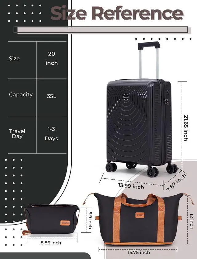 Alt view image 6 of 6 - CONCEPTEN Luggage Sets,Suitcases with Wheels, Hardshell Suitcase Set, PP Carry on Luggage Set with TSA Lock, Travel Luggage (Black, Bag Type)