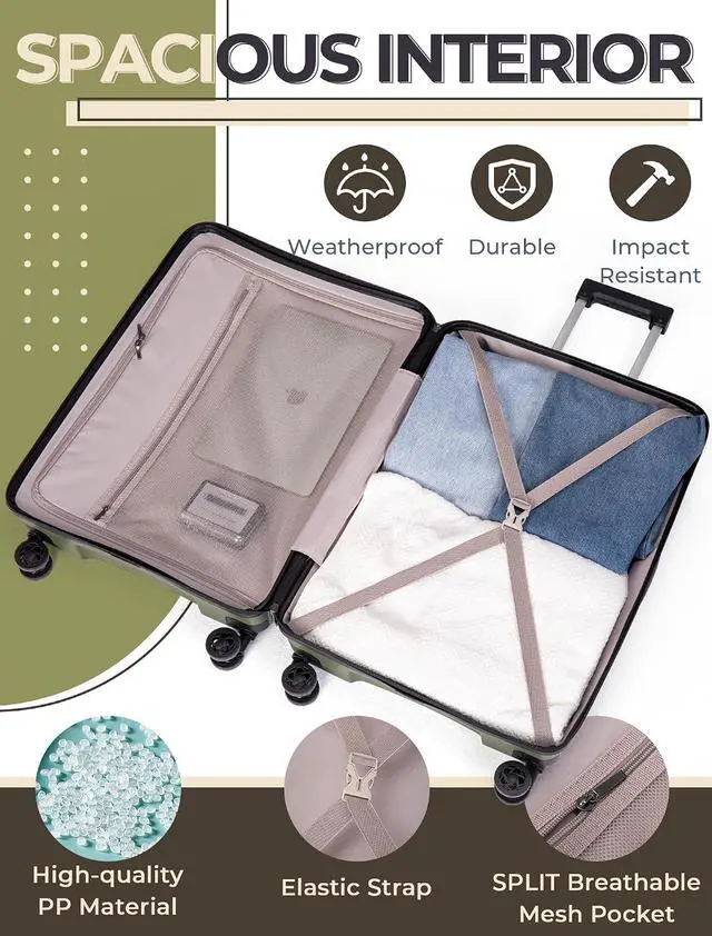 Alt view image 5 of 6 - CONCEPTEN Luggage Sets,Suitcases with Wheels, Hardshell Suitcase Set, PP Carry on Luggage Set with TSA Lock, Travel Luggage (Olive Drab, Bag Type)