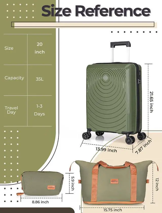 Alt view image 6 of 6 - CONCEPTEN Luggage Sets,Suitcases with Wheels, Hardshell Suitcase Set, PP Carry on Luggage Set with TSA Lock, Travel Luggage (Olive Drab, Bag Type)