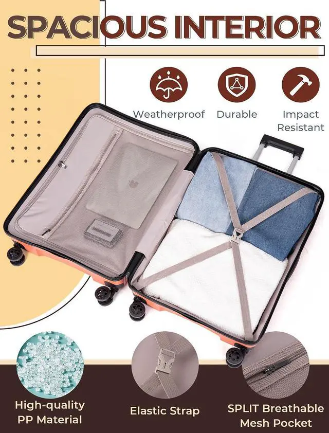 Alt view image 5 of 6 - CONCEPTEN Luggage Sets,Suitcases with Wheels, Hardshell Suitcase Set, PP Carry on Luggage Set with TSA Lock, Travel Luggage (Tangerine, Bag Type)