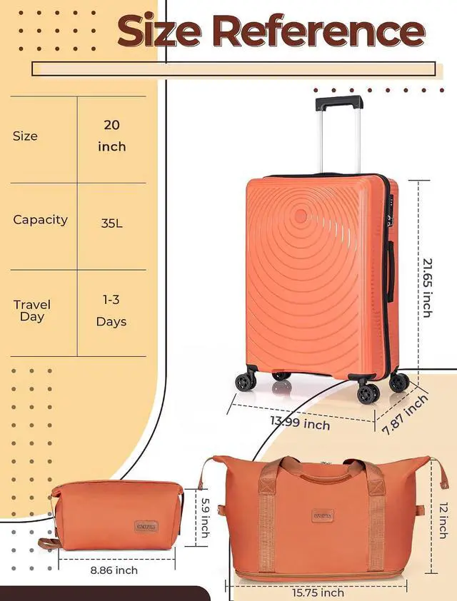 Alt view image 6 of 6 - CONCEPTEN Luggage Sets,Suitcases with Wheels, Hardshell Suitcase Set, PP Carry on Luggage Set with TSA Lock, Travel Luggage (Tangerine, Bag Type)