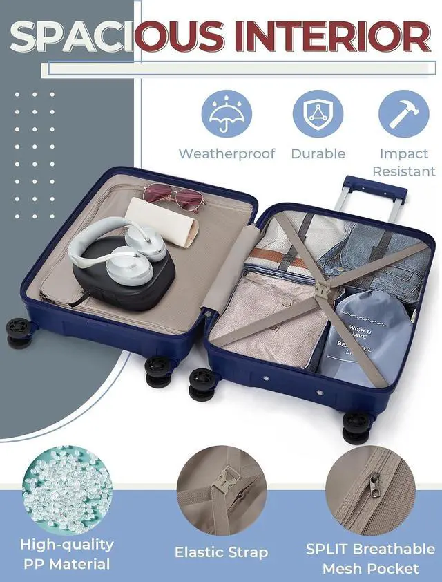 Alt view image 5 of 6 - CONCEPTEN Luggage Sets,Suitcases with Wheels, Hardshell Suitcase Set, PP Carry on Luggage Set with TSA Lock, Travel Luggage (Dark Blue, Bag Type)