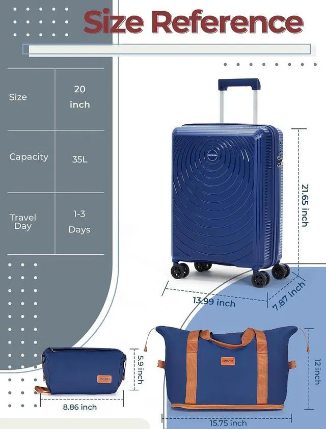 Alt view image 6 of 6 - CONCEPTEN Luggage Sets,Suitcases with Wheels, Hardshell Suitcase Set, PP Carry on Luggage Set with TSA Lock, Travel Luggage (Dark Blue, Bag Type)