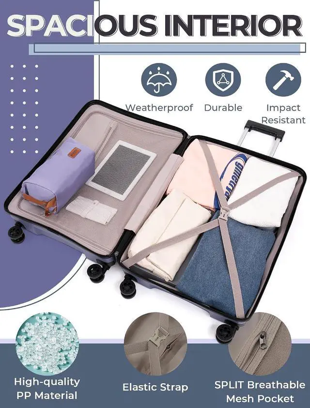 Alt view image 5 of 6 - CONCEPTEN Luggage Sets,Suitcases with Wheels, Hardshell Suitcase Set, PP Carry on Luggage Set with TSA Lock, Travel Luggage (Light Purple, Bag Type)