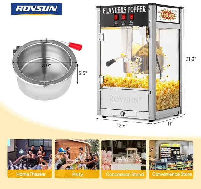 Alt view image 7 of 7 - ROVSUN Popcorn Machine with 8 Ounce Kettle Makes Up to 32 Cups, Commercial Popcorn Machine Countertop Popcorn Maker w/Stainless Steel Scoop, Oil Spoon & 3 Popcorn Cups for Home Movie Theater, ETL