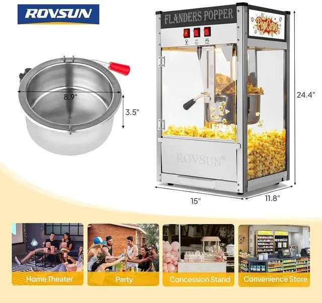 Alt view image 7 of 7 - ROVSUN Commercial Popcorn Machine with 10 Ounce Kettle Makes Up to 4 Gallons, Theater Style Popper Countertop Popcorn Maker w/Stainless Steel Scoop, Oil Spoon & 3 Popcorn Cups, ETL Certified, Black
