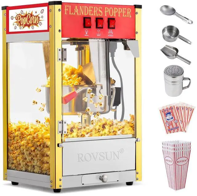 Main image of ROVSUN Popcorn Machine with 8 Ounce Kettle Makes Up to 32 Cups, Commercial Popcorn Machine Countertop Popcorn Maker w/Stainless Steel Scoop, Oil Spoon & 3 Popcorn Cups for Home Movie Theater, ETL, Red