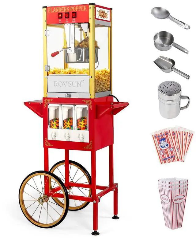 Main image of ROVSUN Popcorn Machine Cart with Candy Dispenser, 8 Oz Kettle Makes Up to 32 Cups ETL, Popcorn Maker w/Scoop, Oil Spoon, Bags & Cups, Movie Theater Style Popper for Commercial Home Party, Red