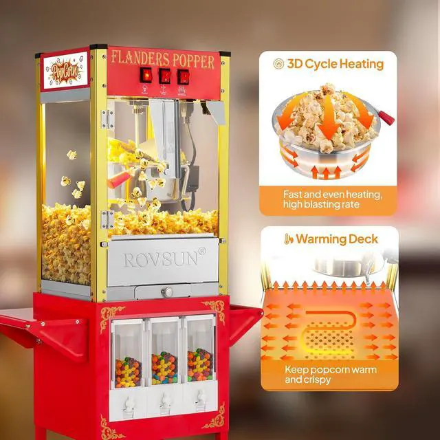 Alt view image 2 of 7 - ROVSUN Popcorn Machine Cart with Candy Dispenser, 8 Oz Kettle Makes Up to 32 Cups ETL, Popcorn Maker w/Scoop, Oil Spoon, Bags & Cups, Movie Theater Style Popper for Commercial Home Party, Red